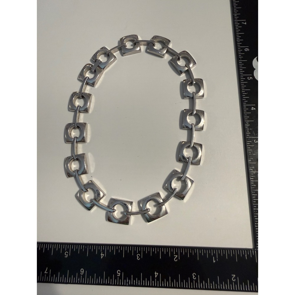 Modernist Geometric Square Link Necklace Silver Tone Vintage Style Choker